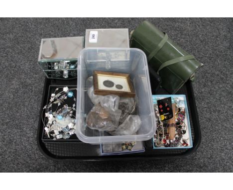 A tray of silver and costume jewellery, box of British coins etc, cased binoculars, folding multi tool etc