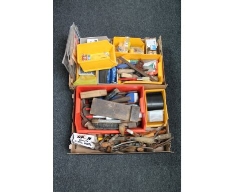 Two boxes and a metal tool box of hand tools and hardware 