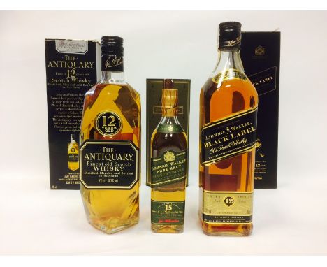 ANTIQUARY 12 YEARS OLD
Blended Scotch Whisky
75cl, 40% volume, in carton.
JOHNNIE WALKER BLACK LABEL AGED 12 YEARS
Blended Sc