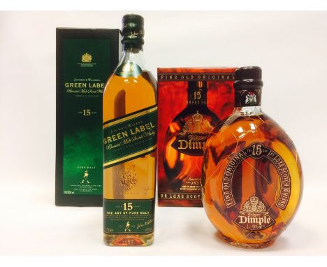 JOHNNIE WALKER GREEN LABEL AGED 15 YEARS
Blended Malt Scotch Whisky
70cl, 43% volume, in carton.
DIMPLE 15 YEARS OLD
Blended 