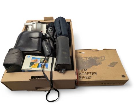 Collection of cameras, including Polaroid Joycam, Hanshing Cam digital camera, Kodak Pocket Instamatic 400, Mirage 20 cine ca