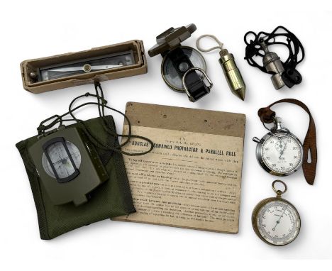 Trough compass and two other modern hand held compasses, compensated barometer, Smiths stop watch, Douglas combined protracto