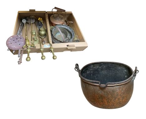 Large copper cooking pot, brass companion set, weights and other metal ware