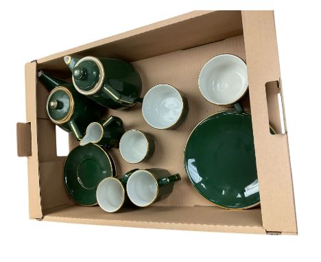 Apilco tea service for two, comprising teapot, coffee pot, milk jug, open sucrier, mugs, cups and saucers, with one side plat