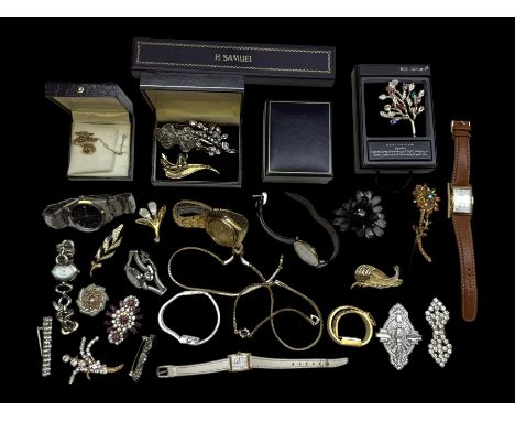 Silver Rennie Mackintosh brooch, costume jewellery inlcuding brooches, necklace and earrings and a collection of wristwatches