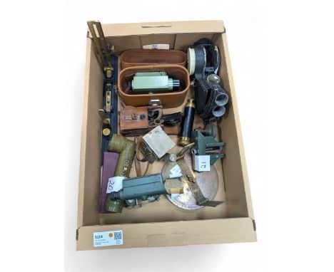 Two dumpy levels including Watts & Son ltd example and a Vickers Instruments example, US Navy bubble sextant, GT Price torch 