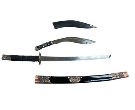 Eastern Kukri knife in leather scabbards, together with a reproduction sabre, in a lacquered scabbard with copper detail, Kuk