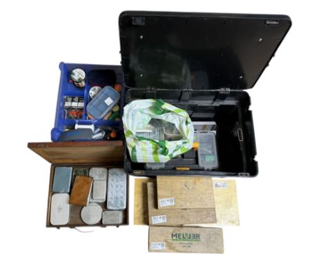 Fishing equipment, including two Fladen Vantage reels, split cane rod, hooks, line, lures etc, in Leeda plastic box and table