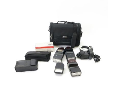 Six camera flashes, comprising Sigma EM-140 DG ring flash, Sigma EF-500 DG St, Minolta Program 5400 HS, Minolta Program 3500x