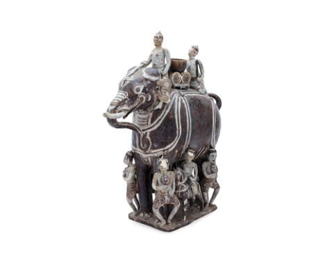 A VERY LARGE THAI WAR ELEPHANT WITH RIDERS AND SOLDIERS Sukhothai, 15th Century, the heavily potted tall elephant standing fo