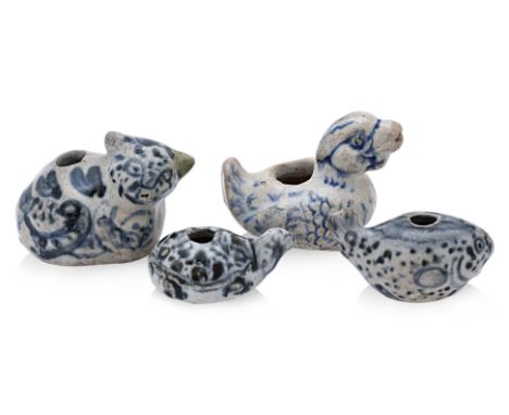 A GROUP OF FOUR VIETNAMESE WATER DROPPERS
15th Century, hollow formed blue and white underglaze stoneware, a single duck exam