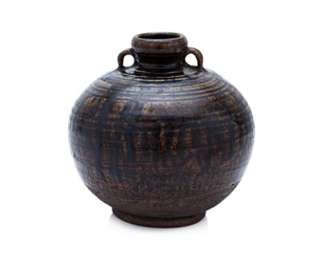 A THAI BROWN GLAZED BOTTLE
Sawankhalok, 15th Century, thickly potted globular stoneware bottle with incised turned rings and 