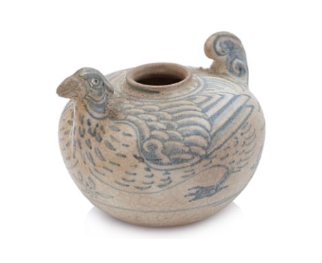 A SMALL VIETNAMESE BLUE AND WHITE CHICKEN VESSEL
15th Century, a small jar with rounded sides and narrow mouth rim, the protr