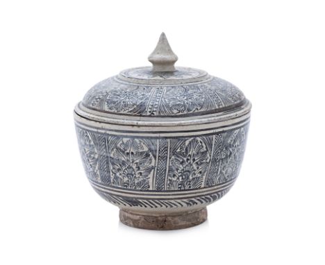 A LARGE THAI BOWL AND COVER Sukhothai, 14th-15th Century, stoneware slip decorated and painted in panels of feathery foliage 