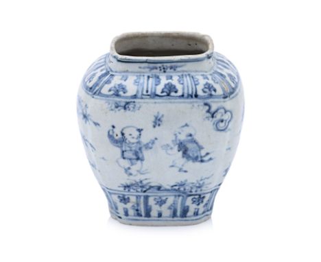 A BLUE AND WHITE PORCELAIN BOYS JAR Ming Dynasty, 16th/17th Century, baluster, of rectangular section, decorated with four bo