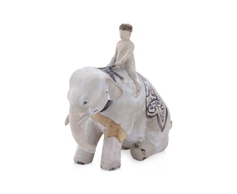A THAI FIGURE OF A SEATED ELEPHANT AND MAHOUT
Sawankhalok, 14-16th Century, modelled as an elephant kneeling on hind legs wit