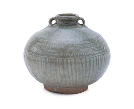 A THAI CELADON BOTTLE
Sawakhalok, 15th Century, a heavily potted globular bottle with two lugs, incised ribbed sides and feat