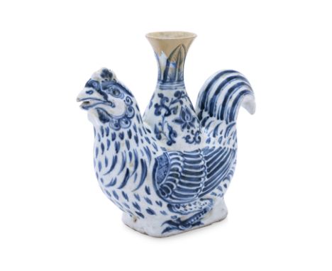 A VIETNAMESE BLUE AND WHITE CHICKEN FORM KENDI 15th Century, a pouring vessel in the form of a chicken with curled tail feath