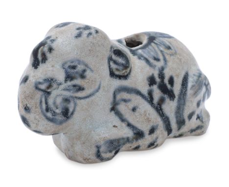 A VIETNAMESE BLUE AND WHITE ELEPHANT WATER DROPPER
15th Century, hollow form figure of an elephant seated with feet tucked un