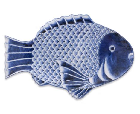 A BLUE AND WHITE FISH FORM DISH
19th Century, a shallow dish in the shape of a fish with underglaze painted features, the und