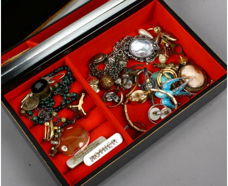 A jewellery box and contents of costume jewellery and a ladies Timex bracelet including a white metal Albertina bracelet, bro