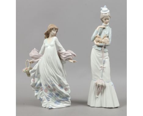 Two Lladro figures of ladies, one with a dog, the other with a flower basket (some petals missing).