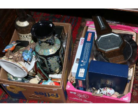 Two boxes of miscellaneous to include large Bells Whisky bottle, wall barometer, composite models of animals etc.