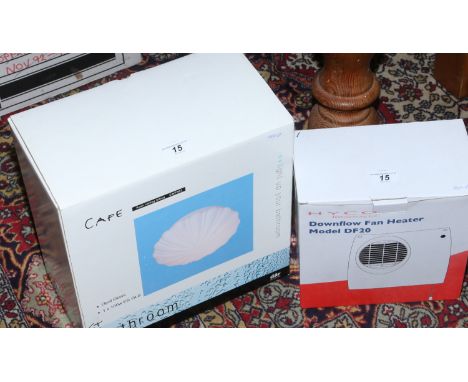 A new and boxed opal glass bathroom light fitting along with a hyco down flow fan heater.