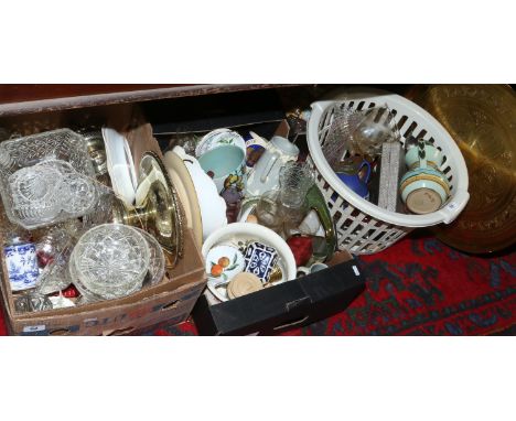 Two boxes and a basket of miscellaneous pottery china, glassware and silver plate etc including Wedgwood, Royal Worcester and