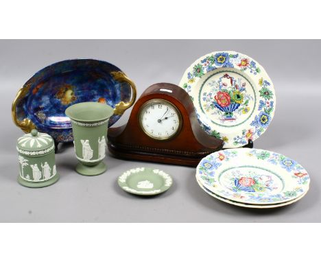 A mantel clock with French cylinder movement, Rosenthal twin handled bowl, a quantity of Wedgwood Jasperware and three Masons