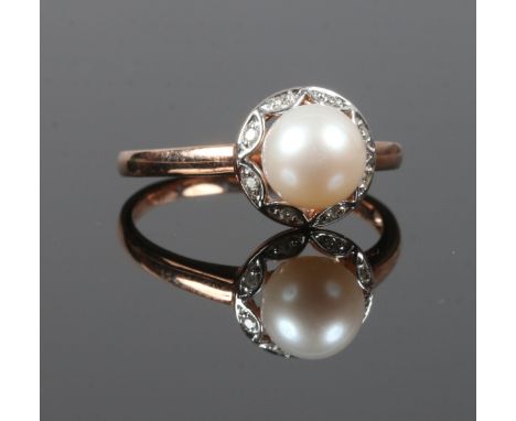 A 9ct rose gold pearl and diamond ring size O 