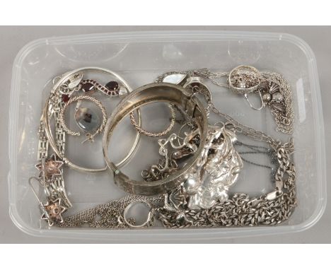 A box of mixed silver jewellery etc including engraved bangle, Art Nouveau style pendant, rings and gate bracelet etc.