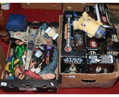 Two boxes of childrens toys including boxed Star Wars action figures Action Man and Dr Who.