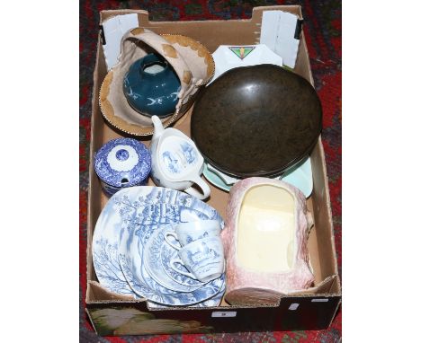A box of mixed pottery to include Carltonware, Sylvac, Midwinter Happy Valley, G.U.L Bakelite fruit bowl etc.