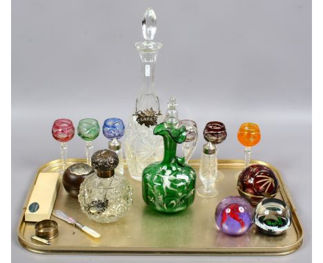 A tray of glassware silver and collectables including decanter labels, paperweights including Caithness Mary Gregory carafe a