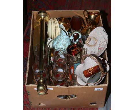 A box of ceramic and glass, gilt Royal Winton part coffee set, framed prints, Stratton compact, two miniature Davy lamps, bra