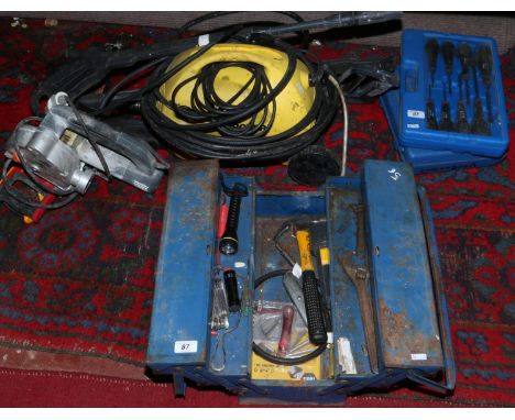 Tool box and hand tools to include Karcher pressure washer, woodsaws, 110 volt wall charger, case of screwdrivers, case of ch