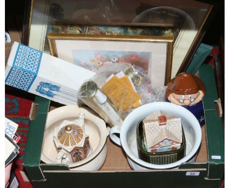 A box of miscellaneous to include Kenlock tripod, framed pictures, Sadler teapot etc.