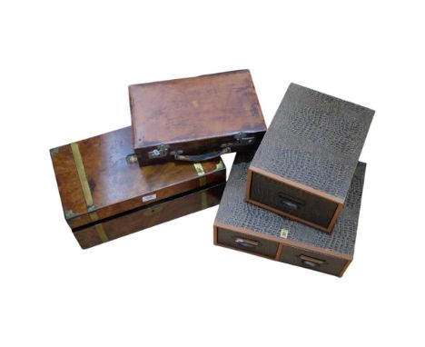 A fitted leather attache case, a walnut writing slope, and 2 Vintage filing drawers