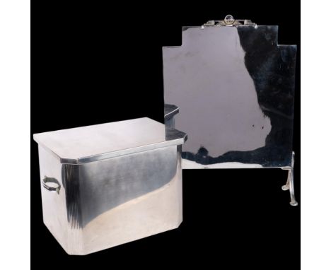 An Art Deco chrome fire screen, H66.5cm, and similar coal bin with liner, with reeded decoration
