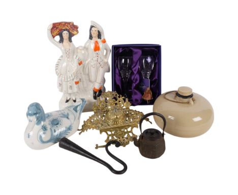 A David Sharp duck, L25cm, an ornate cast and pierced brass desk stand, an Oriental iron teapot, a stoneware hot water bottle