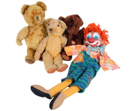 2 small Vintage Golden Plush teddy bears, L45cm and 40cm, a dark brown jointed teddy bear, L40cm, and a clown puppet (4)