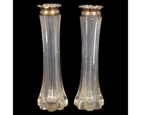 A pair of Edwardian silver-mounted glass bud vases, William Hutton &amp; Sons Ltd, Birmingham 1901, fluted form with frilled 