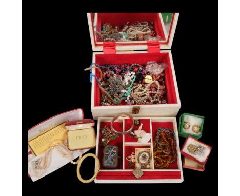 Various costume jewellery, including gold plated triple concertina locket pendant, sterling silver and enamel butterfly penda