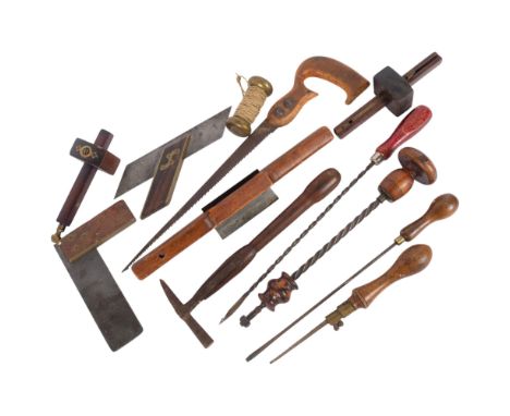 A box of various Vintage tools, including brass-mounted squares, marking gauges, screwdrivers, etc (boxful)