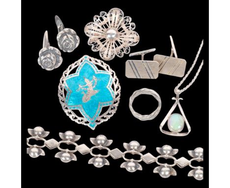 Various silver jewellery, including opal pendant necklace, Siam blue enamel brooch, cufflinks, etc