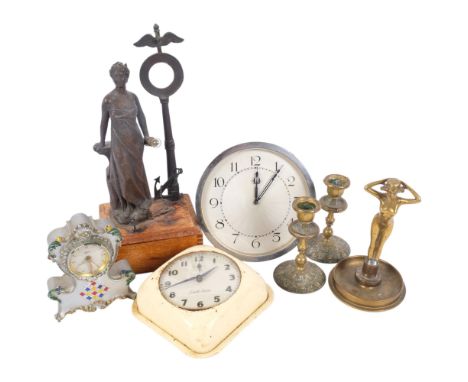 Vintage strut clock, 15cm, 2 others, brass candlesticks, 1917 trench art figure, nude girl, and a spelter sculpture, lady wit