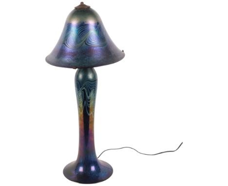 A Californian Swallow Tail Studios "Pulled Feather" iridescent glass table lamp and shade, H64cm