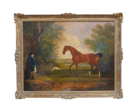 A portrait of a horse and gentleman in landscape, modern oil on board, in ornate gilt frame, overall frame dimensions 110cm x