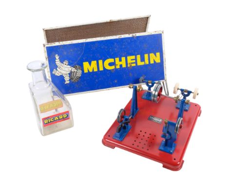 Vintage Mamod toy workshop tools, including a polisher, grinder, mounted on single stand, a Michelin Tyre display stand, and 